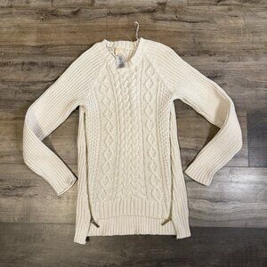 Michael Kors White Chunky Cable Knit Ribbed Long Sleeve Pullover Sweater